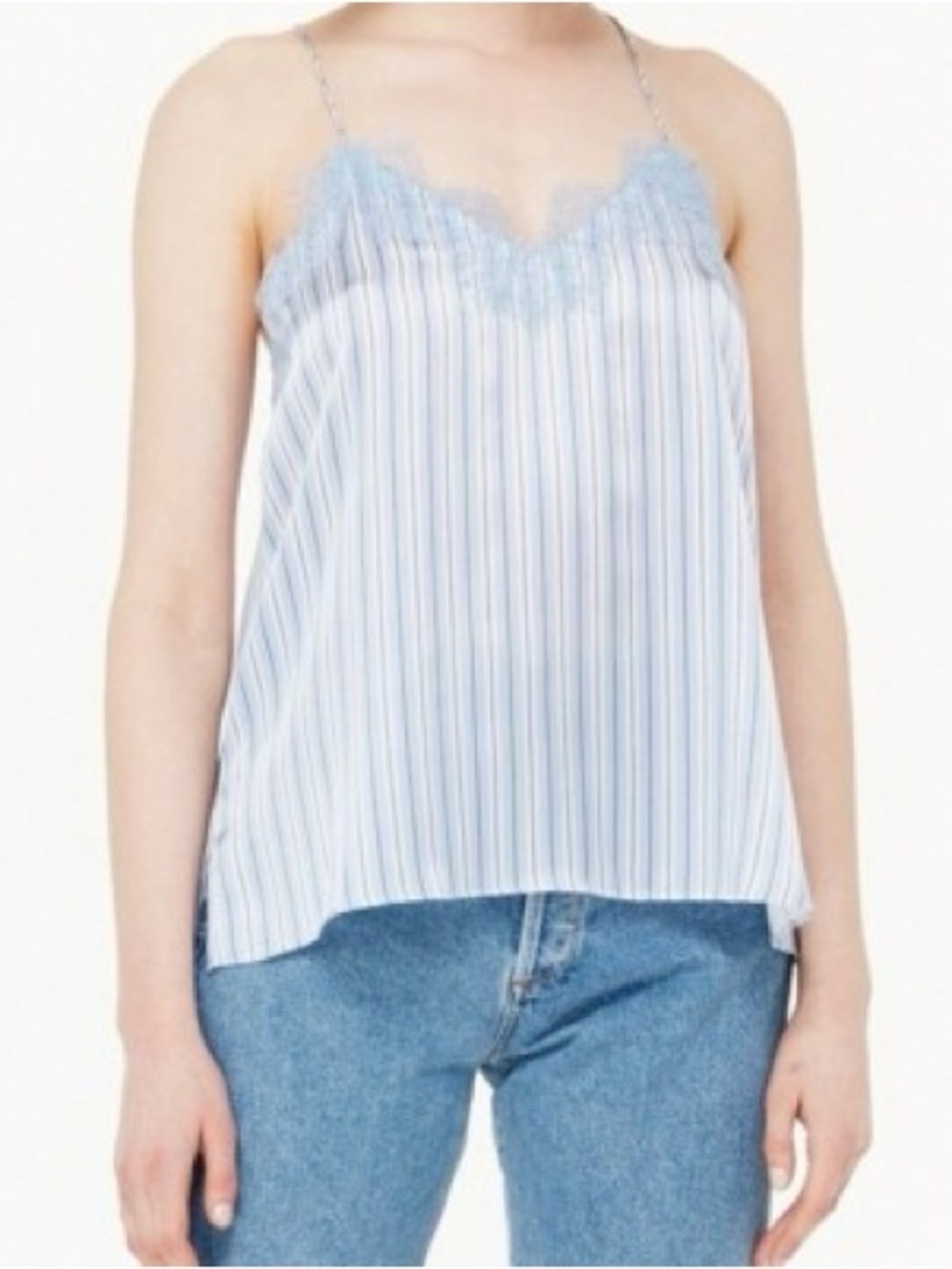 Cami NYC The Racer 100% Silk Lace Trim Camisole Blue & White Pinstripe MD